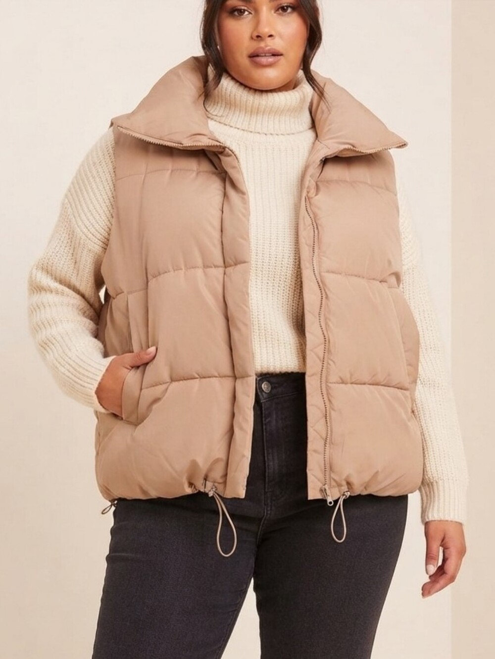 Go.G.G. XXXL Puffer Vest Tan Beige Oversized Quilted Sleeveless Jacket EUC